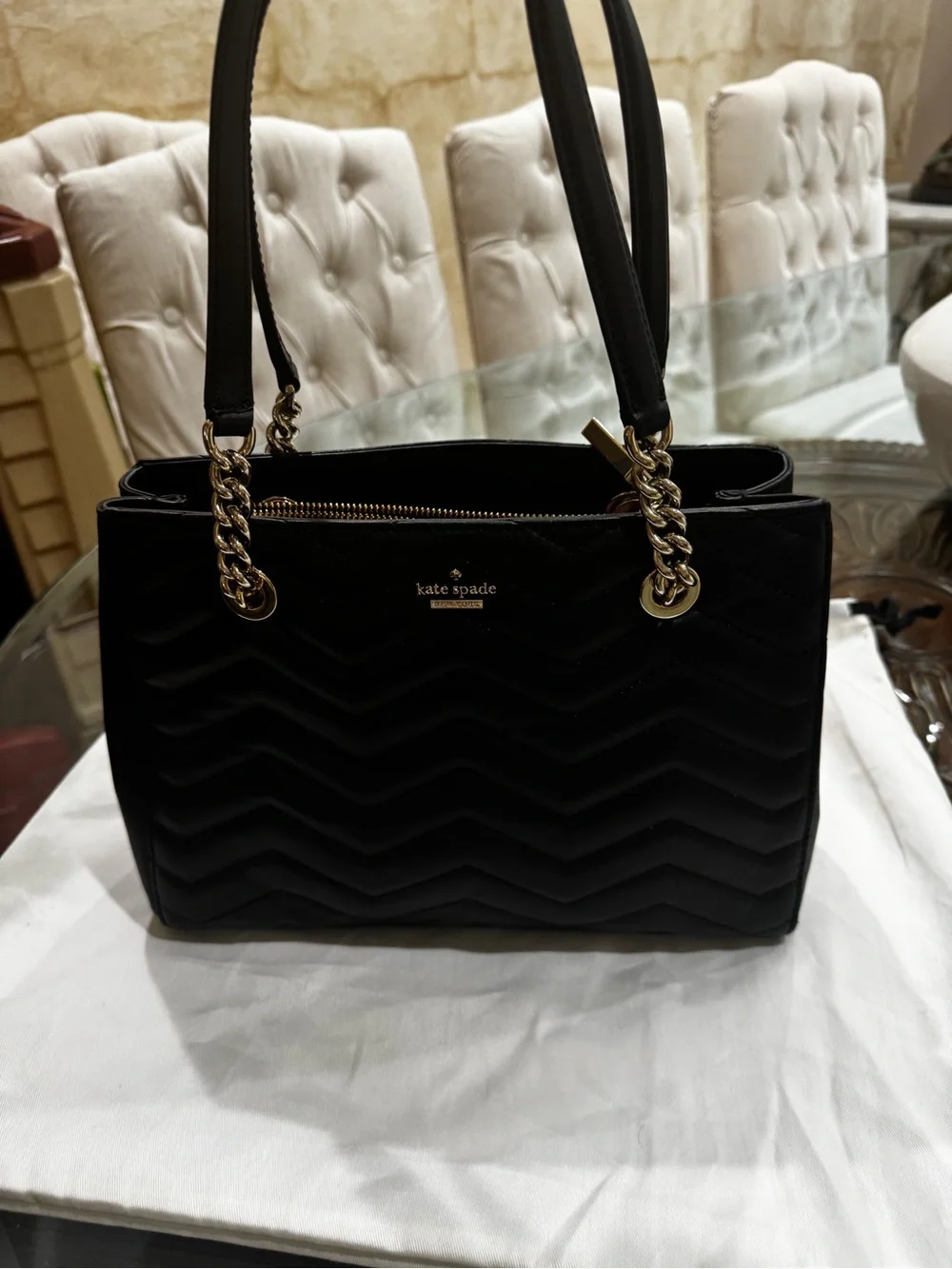 kate spade Black Quilted Chevron Shoulder Bag with Gold Chain Handles.